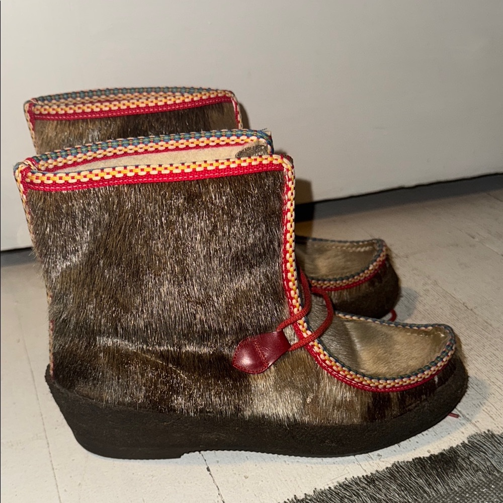 Brown Fur Boots with Red Trim